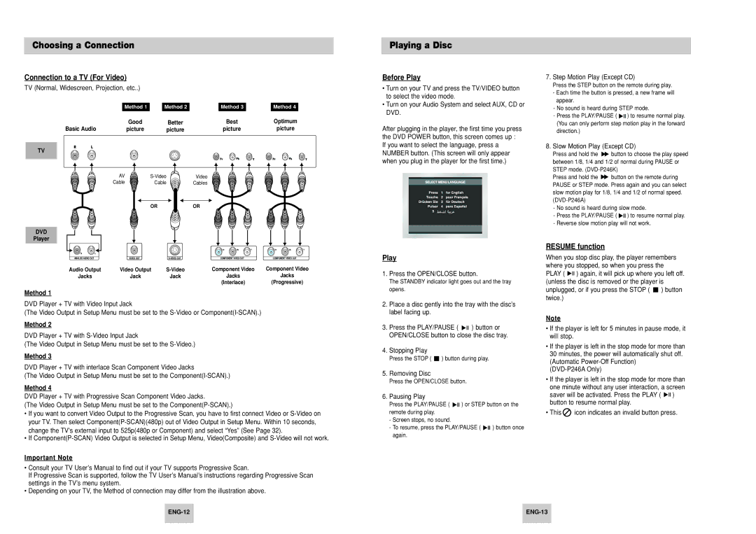 Samsung DVD-P246K/XSG, DVD-P246A/UMG manual Playing a Disc, Connection to a TV For Video, Before Play, Resume function 