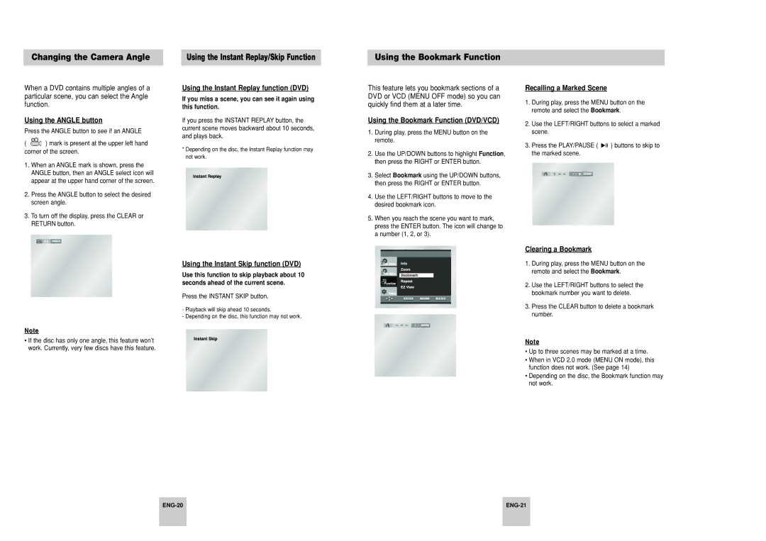 Samsung DVD-P246A/TAW, DVD-P246A/UMG, DVD-P246A/XSG manual Changing the Camera Angle, Using the Bookmark Function 