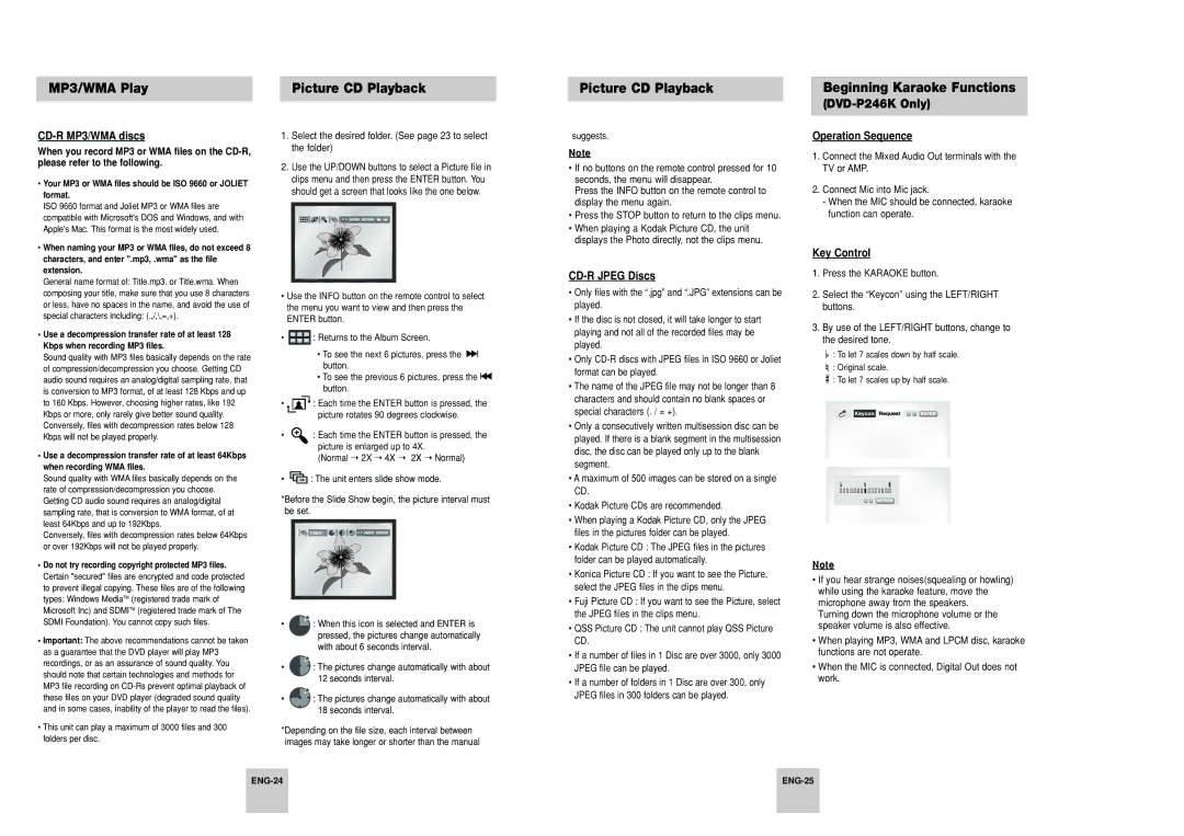 Samsung DVD-P246A/XSG, DVD-P246A/UMG, DVD-P246A/TAW CD-R MP3/WMA discs, CD-R Jpeg Discs, Operation Sequence, Key Control 