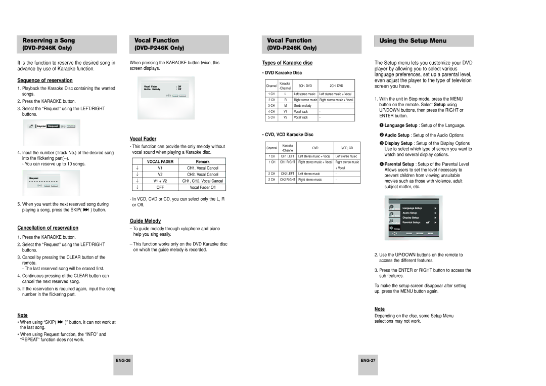 Samsung DVD-P246A/TAW, DVD-P246A/UMG, DVD-P246A/XSG manual Reserving a Song, Vocal Function, Using the Setup Menu 