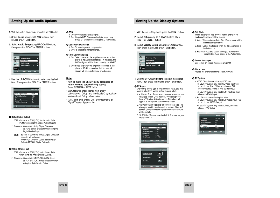 Samsung DVD-P246A/XSG, DVD-P246A/UMG, DVD-P246A/TAW manual Setting Up the Audio Options, Setting Up the Display Options 