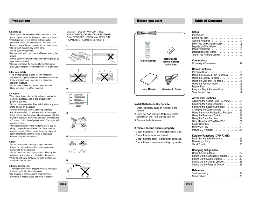 Samsung DVD-P246A/TAW, DVD-P246A/UMG, DVD-P246A/XSG manual Precautions, Before you start, Table of Contents 