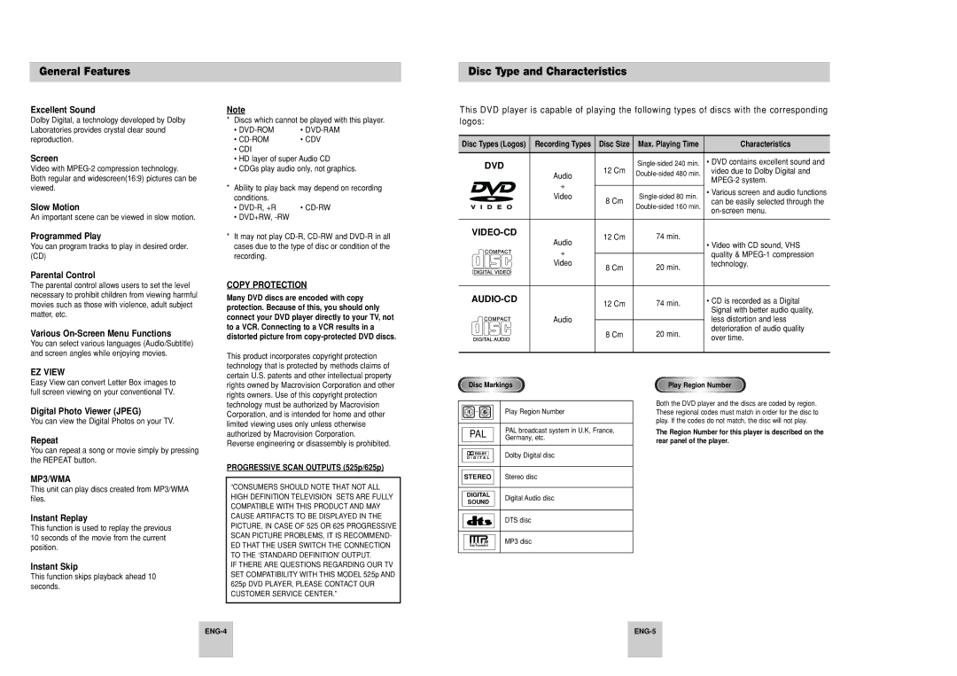 Samsung DVD-P246A/UMG, DVD-P246A/XSG, DVD-P246A/TAW manual General Features, Disc Type and Characteristics 