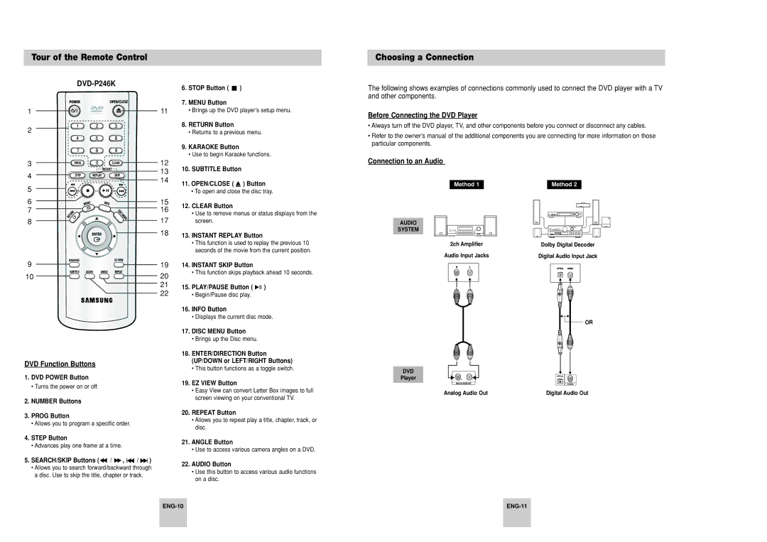 Samsung DVD-P246A/UMG, DVD-P246A/XSG Tour of the Remote Control Choosing a Connection, Before Connecting the DVD Player 