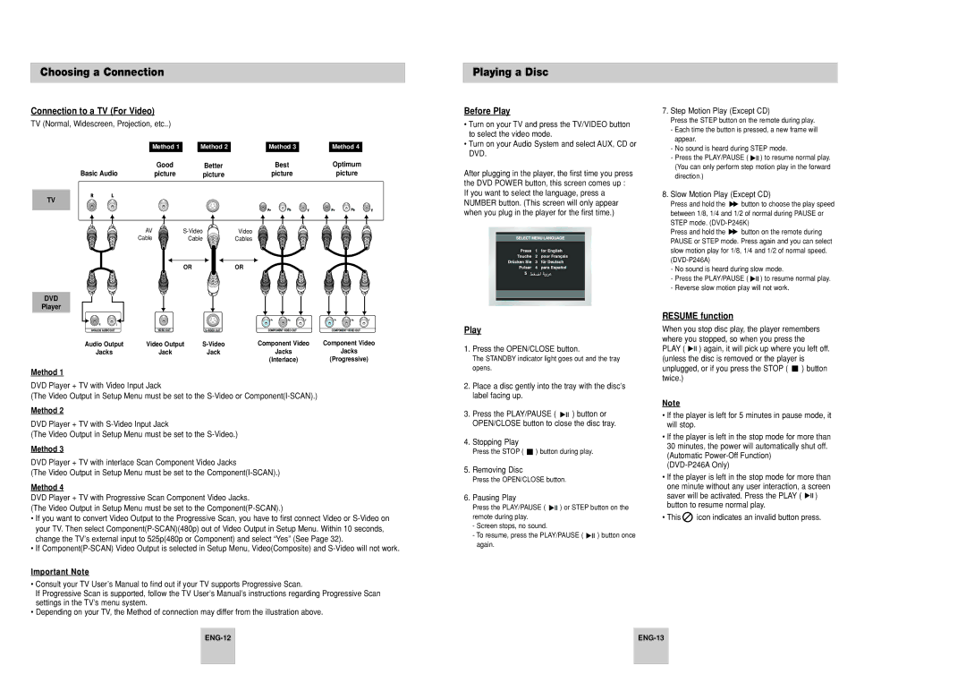 Samsung DVD-P246A/XSG, DVD-P246A/UMG manual Playing a Disc, Connection to a TV For Video, Before Play, Resume function 