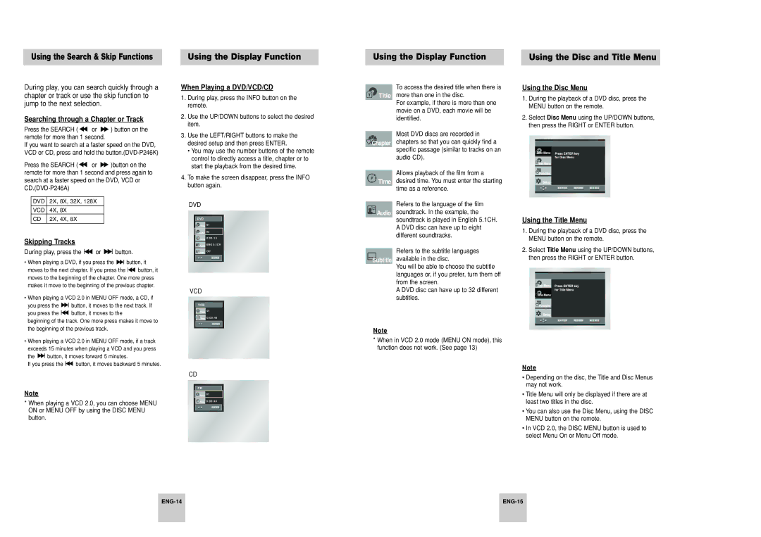 Samsung DVD-P246A/TAW, DVD-P246A/UMG, DVD-P246A/XSG manual Using the Display Function Using the Disc and Title Menu 