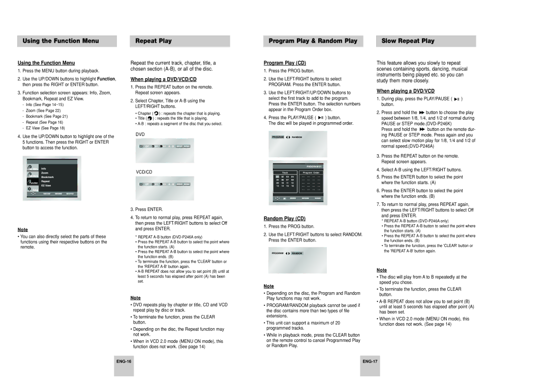 Samsung DVD-P246A/UMG, DVD-P246A/XSG manual Using the Function Menu, Program Play & Random Play, Slow Repeat Play 