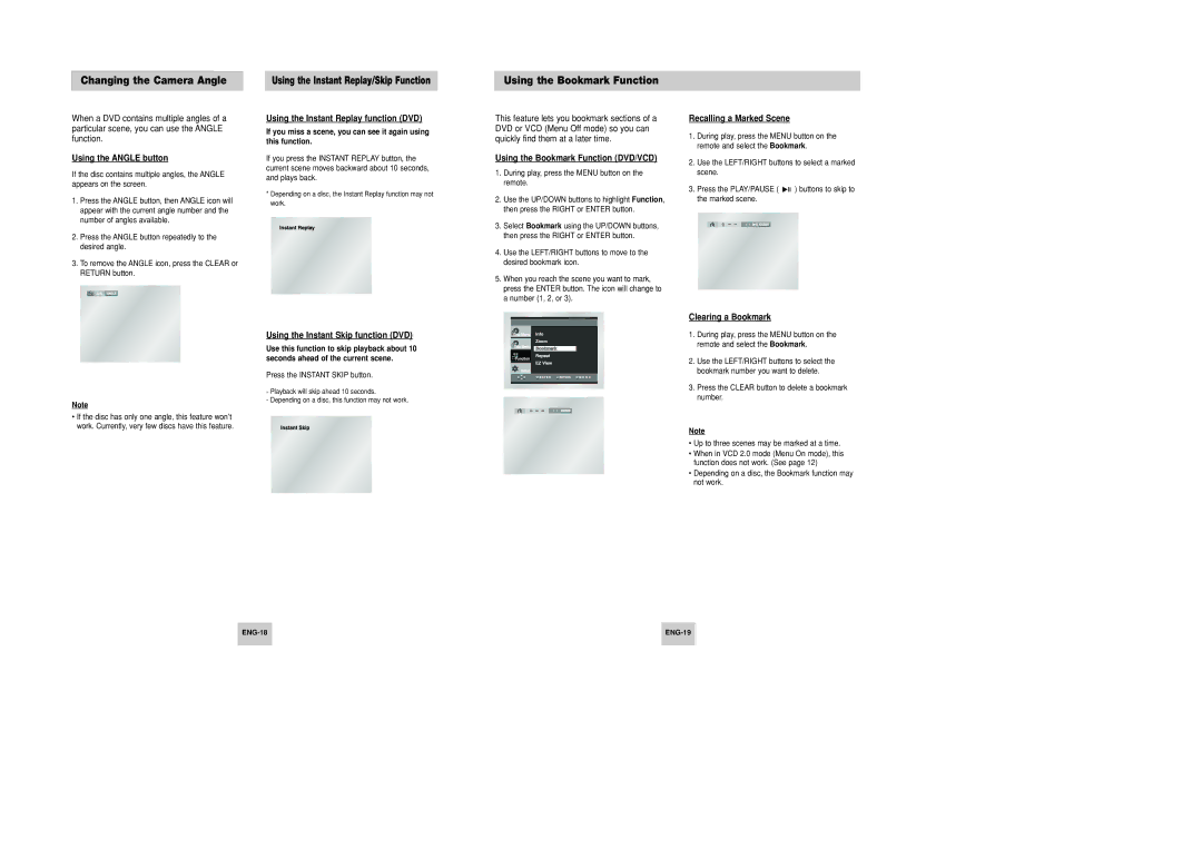 Samsung DVD-P246M/UMG, DVD-P246M/XSG manual Changing the Camera Angle, Using the Bookmark Function 