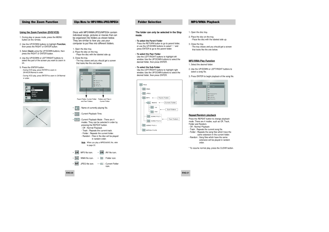 Samsung DVD-P246M/XSG, DVD-P246M/UMG manual Using the Zoom Function, Folder Selection MP3/WMA Playback 