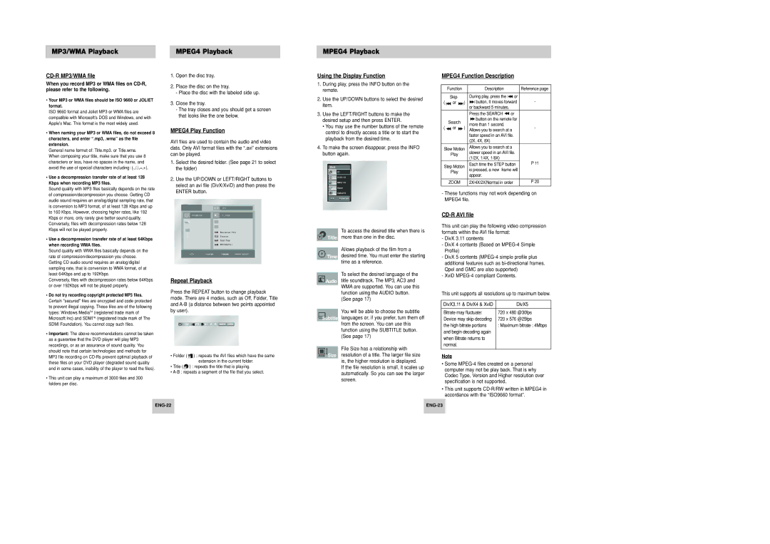 Samsung DVD-P246M/UMG, DVD-P246M/XSG manual MP3/WMA Playback MPEG4 Playback 