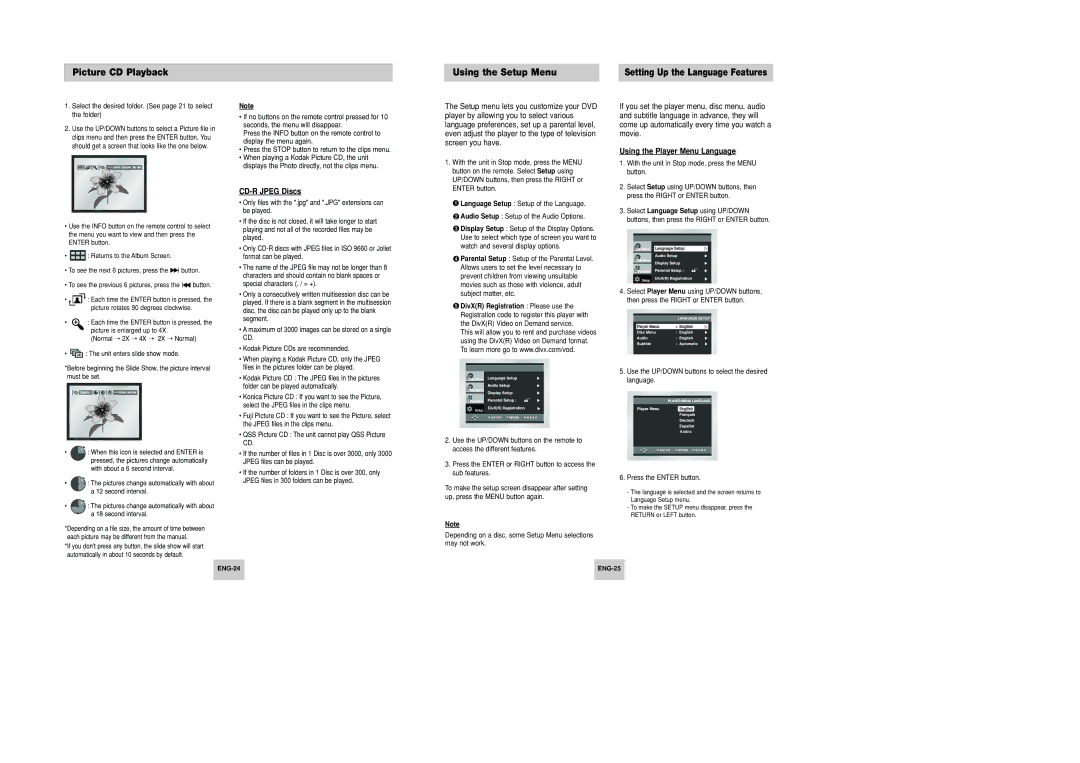 Samsung DVD-P246M/XSG manual Picture CD Playback Using the Setup Menu, CD-R Jpeg Discs, Using the Player Menu Language 