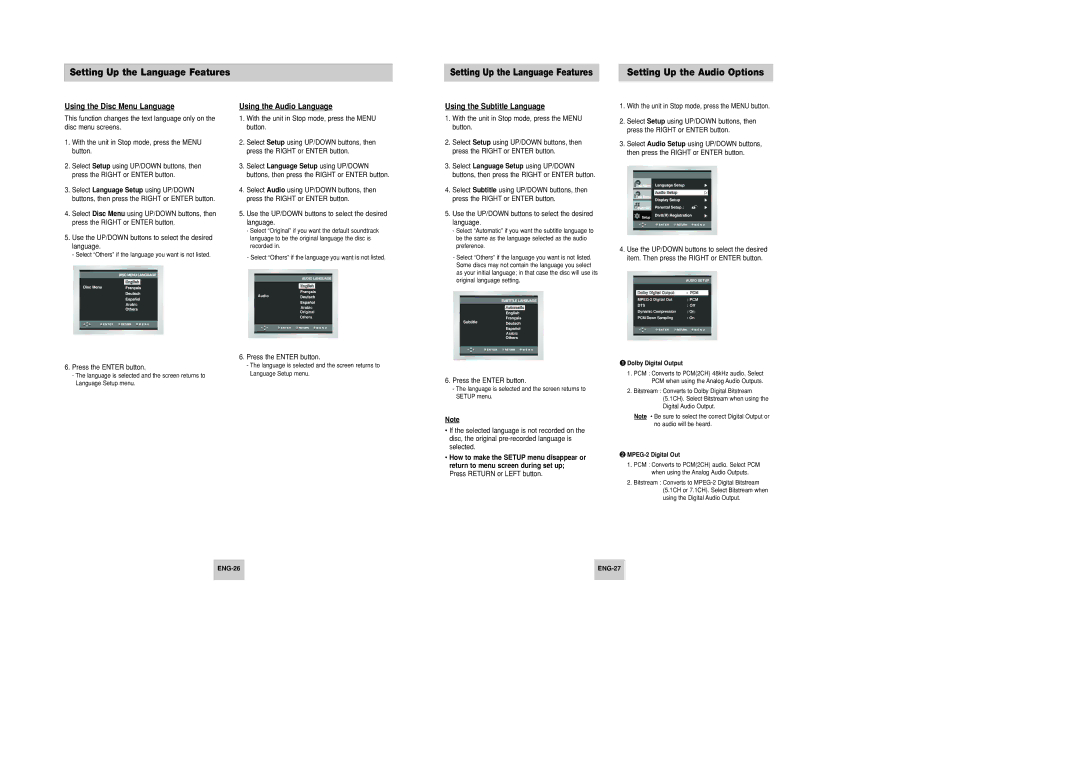 Samsung DVD-P246M/UMG manual Setting Up the Language Features, Setting Up the Audio Options, Using the Disc Menu Language 