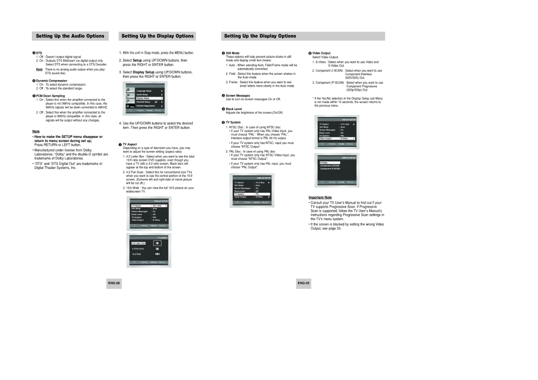 Samsung DVD-P246M/XSG, DVD-P246M/UMG manual Setting Up the Audio Options Setting Up the Display Options 