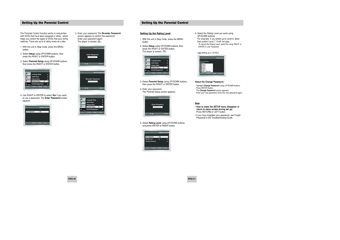 Samsung DVD-P246M/UMG manual Setting Up the Parental Control, Setting Up the Rating Level, About the Change Password 