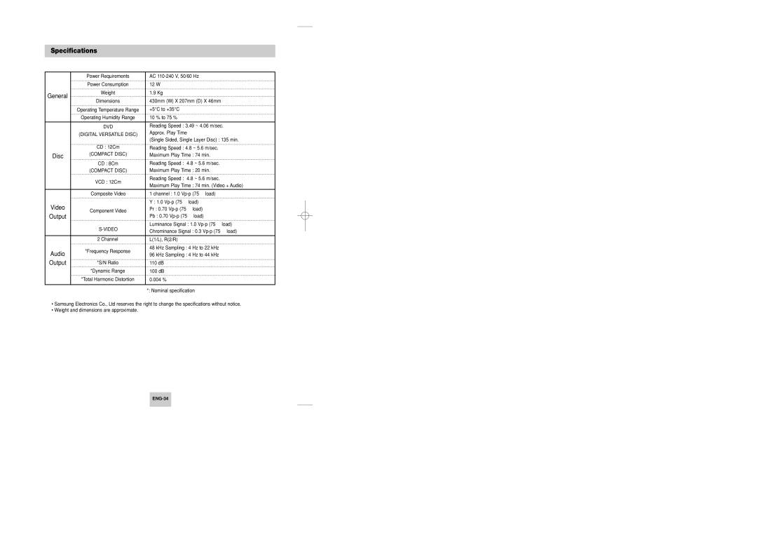 Samsung DVD-P246M/UMG, DVD-P246M/XSG manual Specifications 