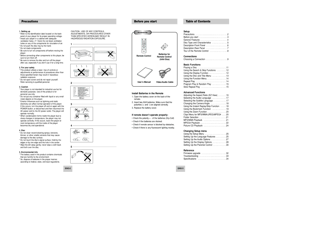 Samsung DVD-P246M/UMG, DVD-P246M/XSG manual Precautions, Before you start, Table of Contents 