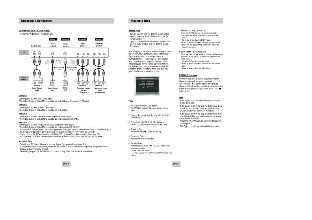 Samsung DVD-P246M/UMG, DVD-P246M/XSG manual Playing a Disc, Connection to a TV For Video, Before Play, Resume function 