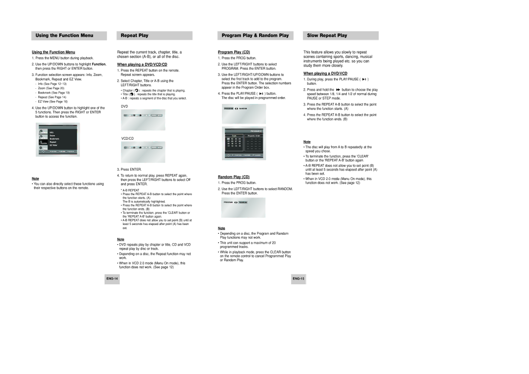 Samsung DVD-P246M/UMG manual Using the Function Menu, Program Play CD, Random Play CD, When playing a DVD/VCD, Vcd/Cd 