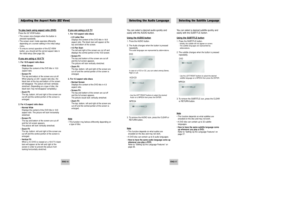 Samsung DVD-P246M/XSG manual To play back using aspect ratio DVD, If you are using a 169 TV, If you are using a 43 TV 