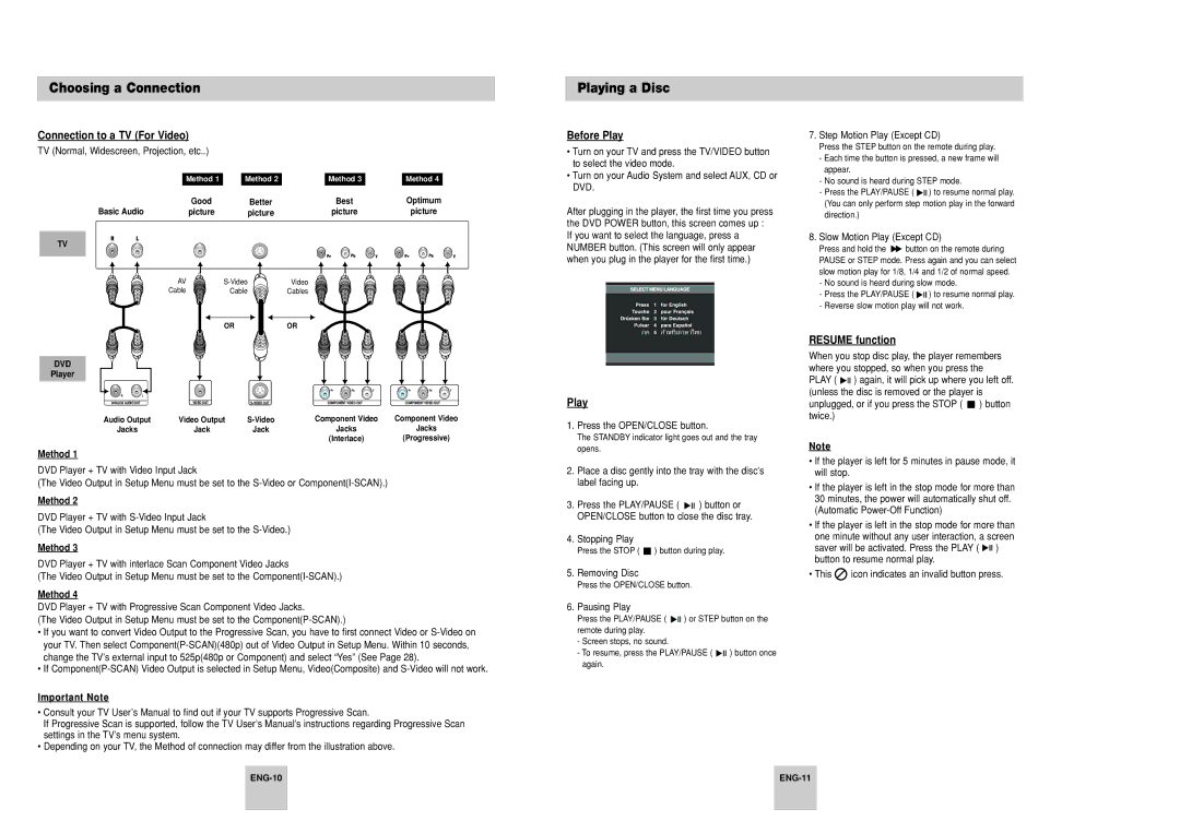 Samsung DVD-P248A, AK68-00435B manual Playing a Disc, Connection to a TV For Video, Before Play, Resume function 