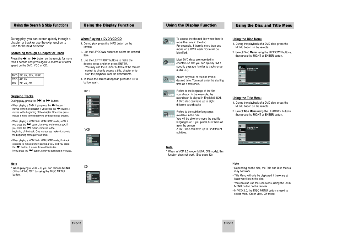 Samsung AK68-00435B, DVD-P248A manual Using the Display Function Using the Disc and Title Menu 