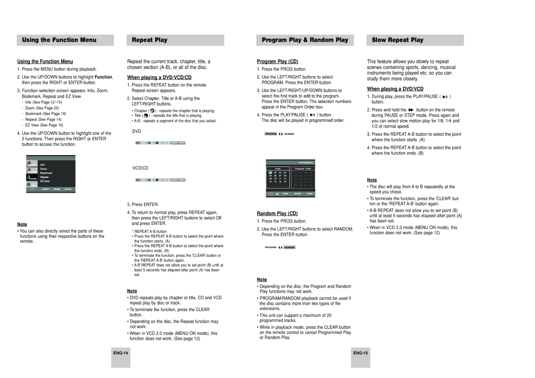 Samsung DVD-P248A, AK68-00435B manual Using the Function Menu, Program Play CD, Random Play CD, When playing a DVD/VCD 