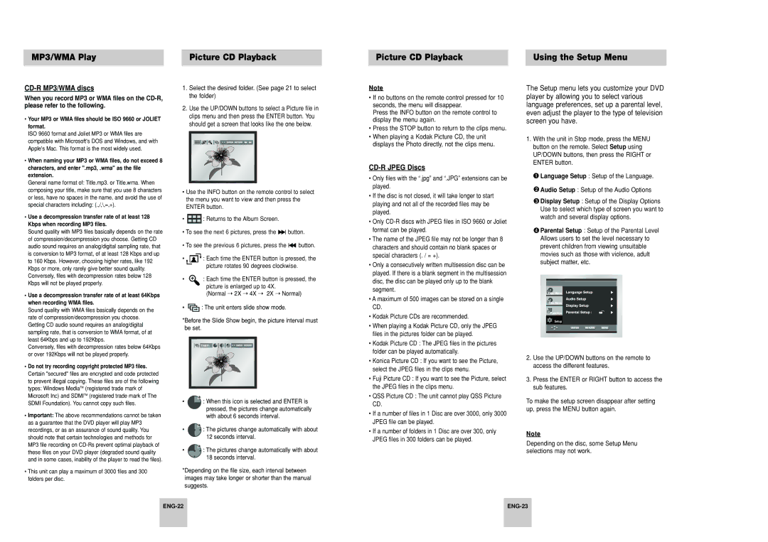 Samsung DVD-P248A/XSV manual MP3/WMA Play Picture CD Playback Using the Setup Menu, CD-R MP3/WMA discs, CD-R Jpeg Discs 