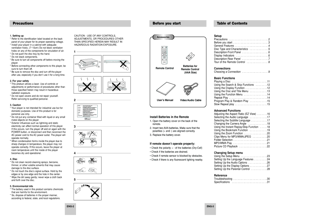 Samsung DVD-P248A/XSV manual Precautions, Before you start, Table of Contents 