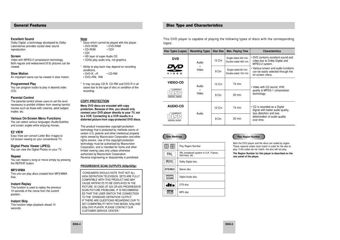 Samsung DVD-P248A/XSV manual General Features, Disc Type and Characteristics 