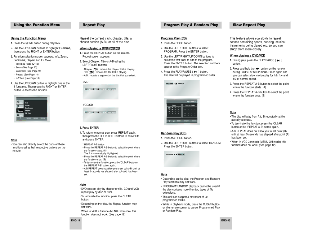 Samsung DVD-P248A/XSV manual Using the Function Menu, Program Play CD, Random Play CD, When playing a DVD/VCD 