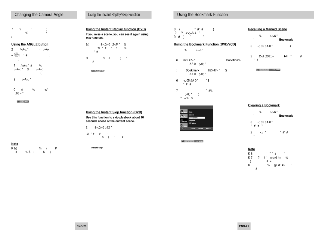 Samsung DVD-P249 manual Changing the Camera Angle, Using the Instant Replay/Skip Function, Using the Bookmark Function 