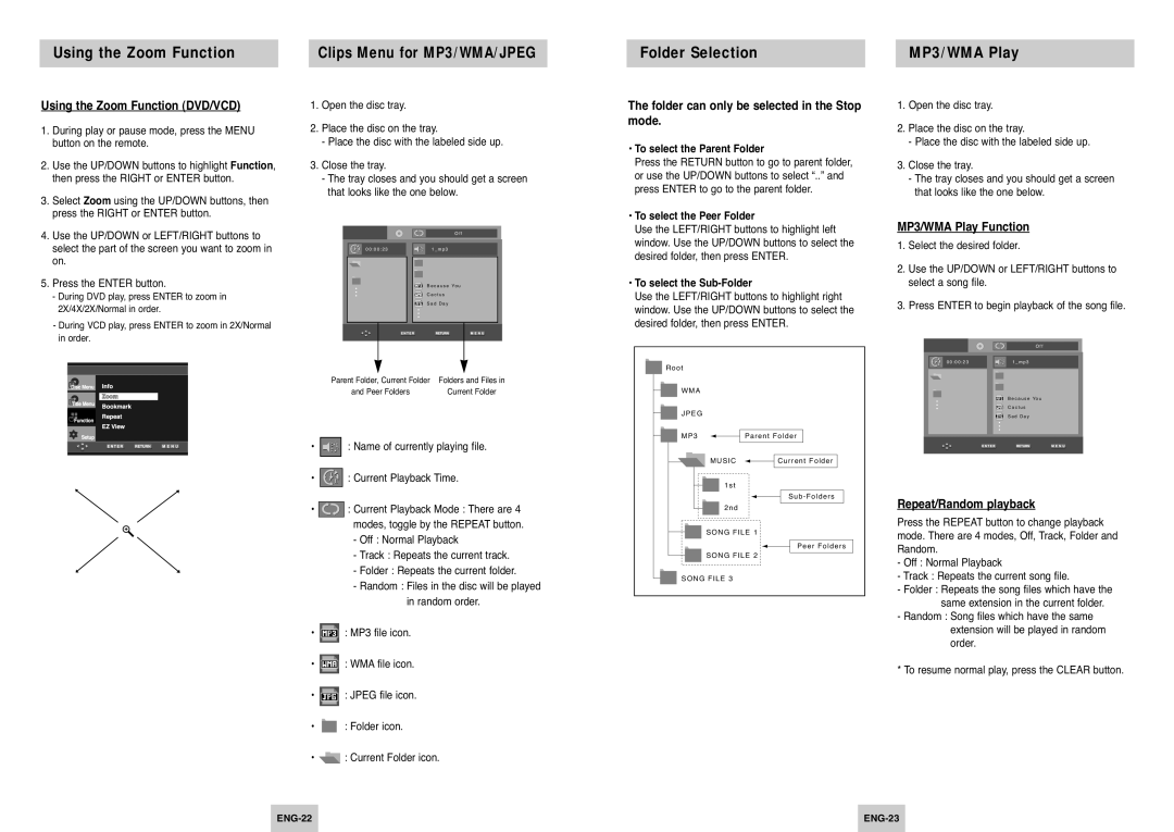 Samsung DVD-P249 manual Using the Zoom Function, Folder Selection MP3/WMA Play 