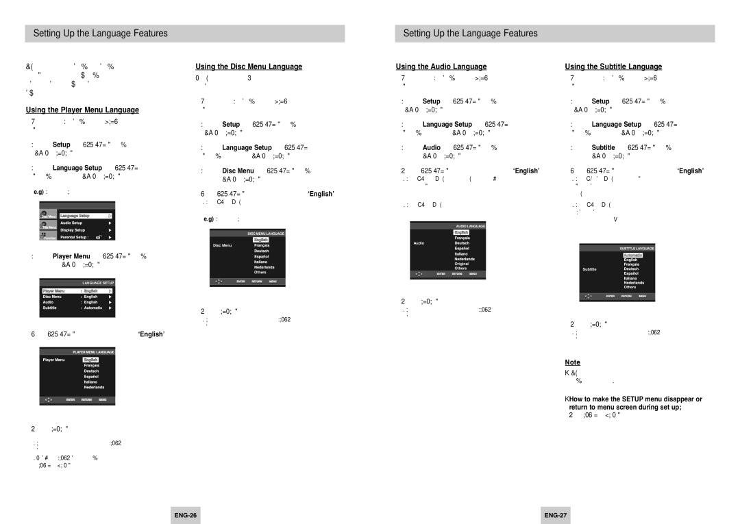 Samsung DVD-P249 manual Setting Up the Language Features, Using the Player Menu Language, Using the Disc Menu Language 