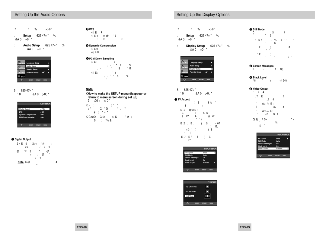Samsung DVD-P249 manual Setting Up the Audio Options, Setting Up the Display Options 