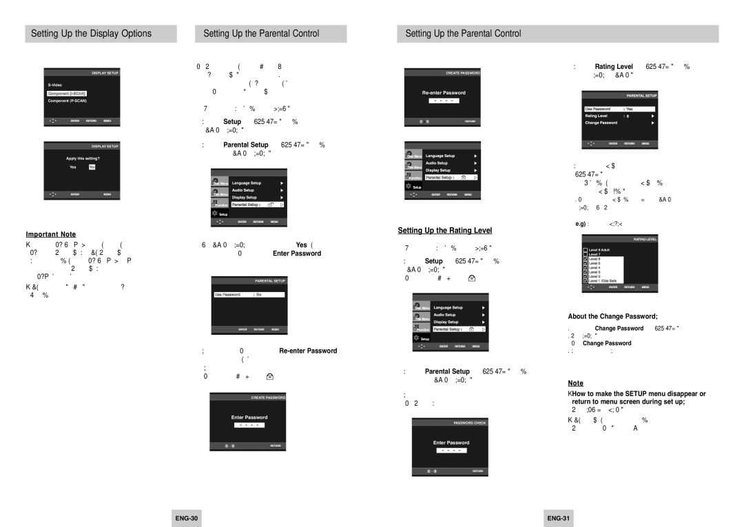 Samsung DVD-P249 manual Setting Up the Parental Control, Setting Up the Rating Level, Enter your password again 