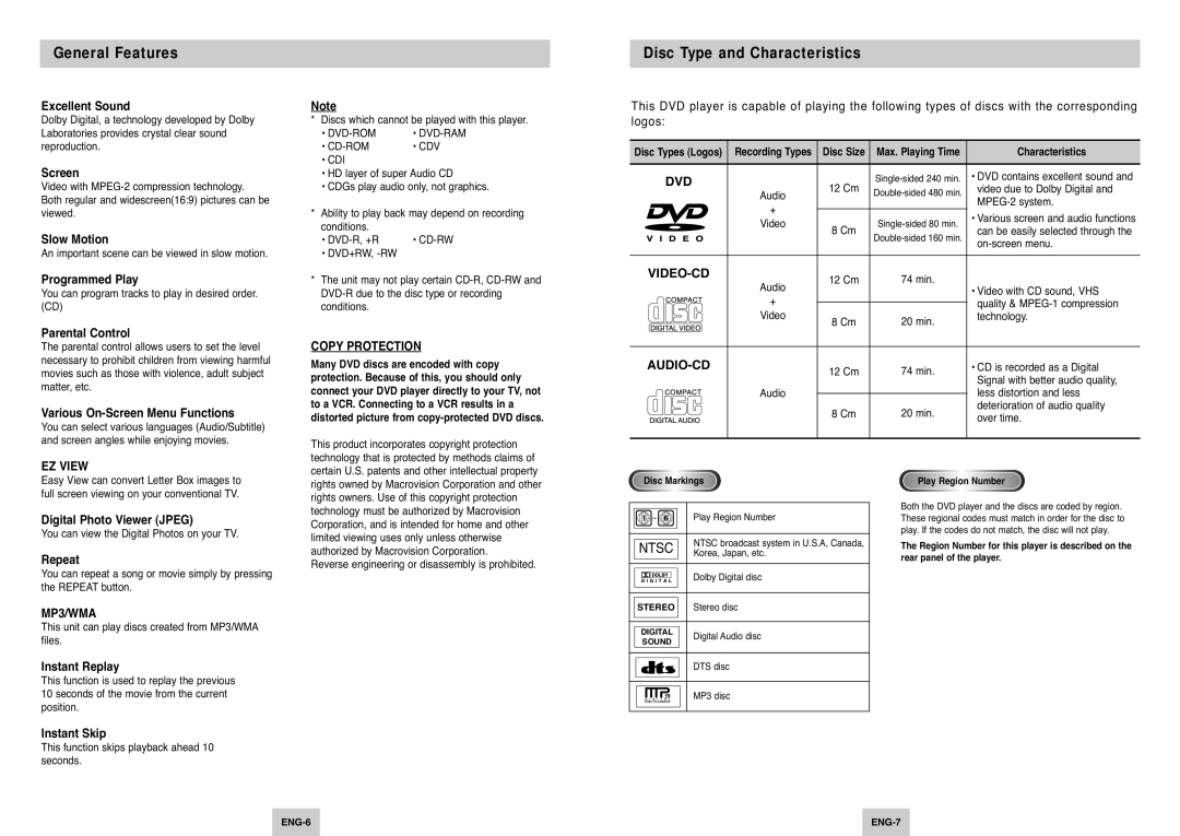 Samsung DVD-P249 manual General Features, Disc Type and Characteristics 