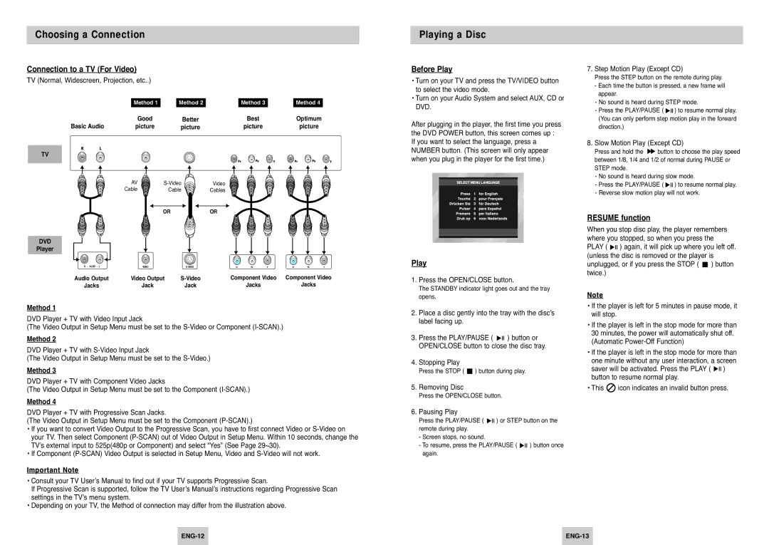 Samsung DVD-P249 manual Playing a Disc, Connection to a TV For Video, Before Play, Resume function 