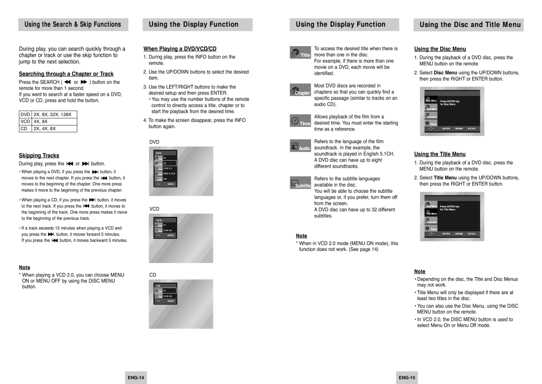 Samsung DVD-P249 manual Using the Display Function Using the Disc and Title Menu 