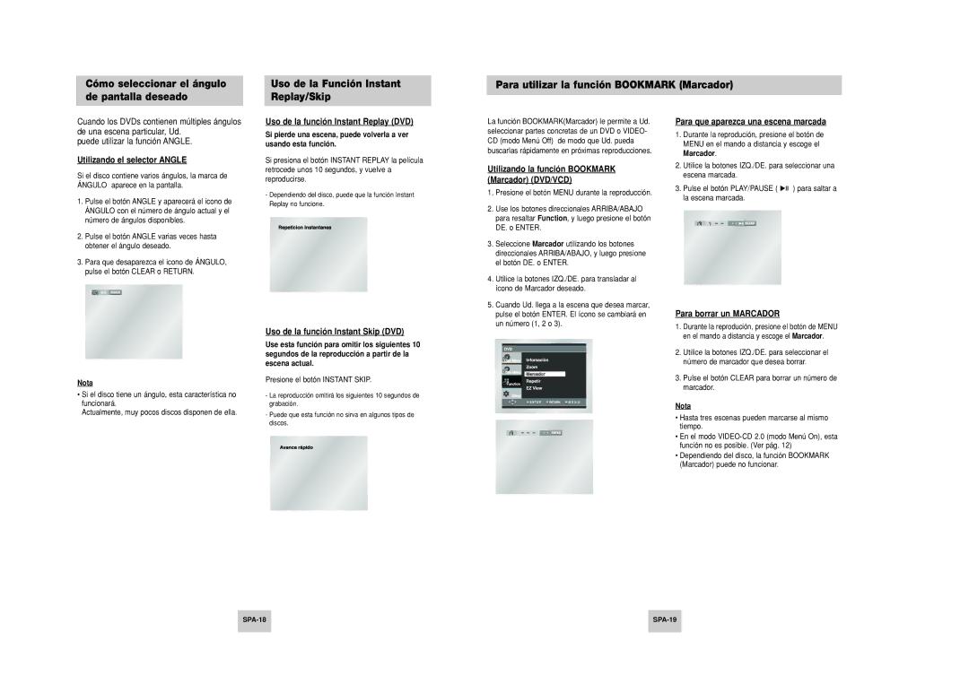 Samsung DVD-P249M/XEC manual Utilizando el selector Angle, Uso de la función Instant Replay DVD, Para borrar un Marcador 