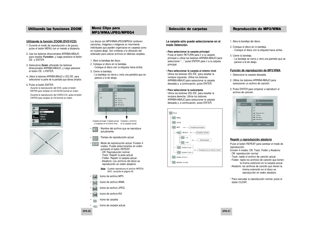 Samsung DVD-P249M/XEC manual Utilizando la función Zoom DVD/VCD, La carpeta sólo puede seleccionarse en el modo Detención 