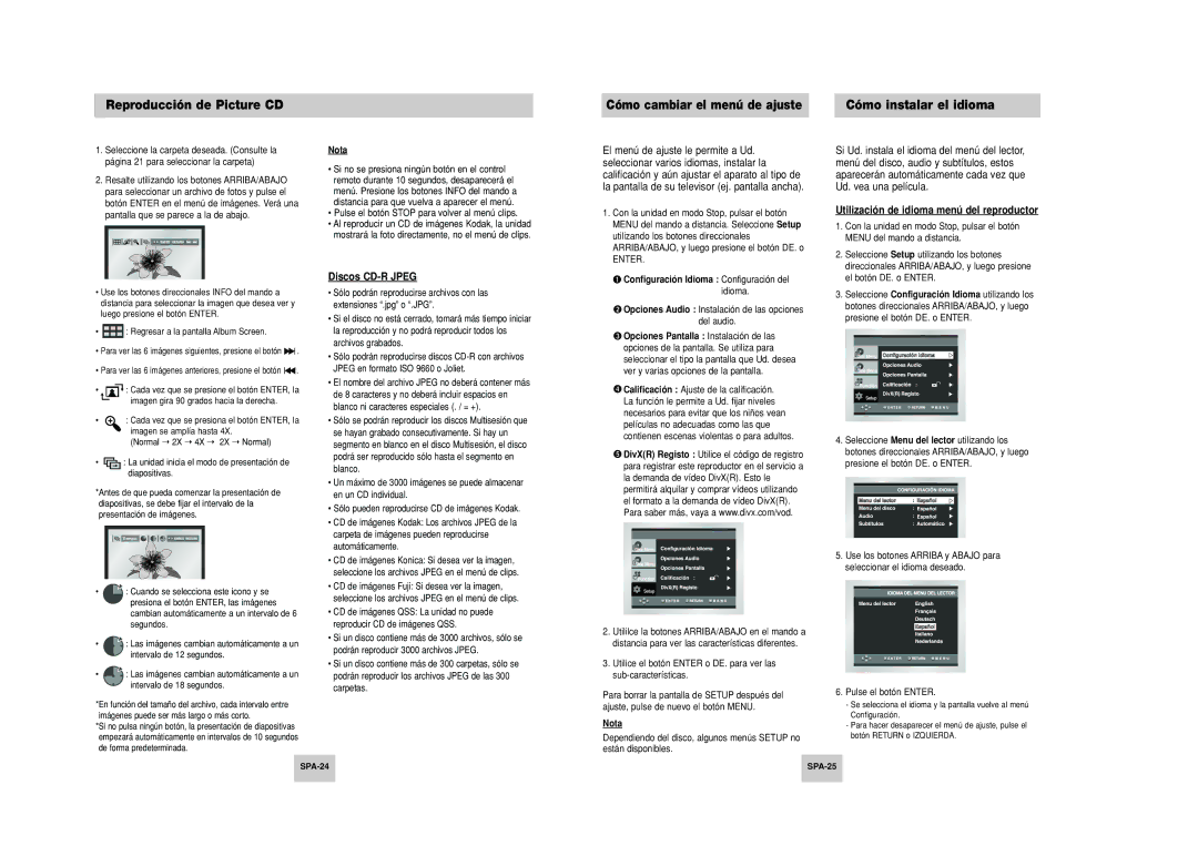 Samsung DVD-P249M/XEC Discos CD-R Jpeg, Utilización de idioma menú del reproductor, Configuración Idioma Configuración del 