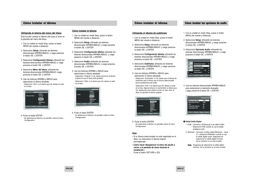 Samsung DVD-P249M/XEC Utilizando el idioma del menú del disco, Cómo instalar el idioma, Utilizando el idioma de subtítulos 