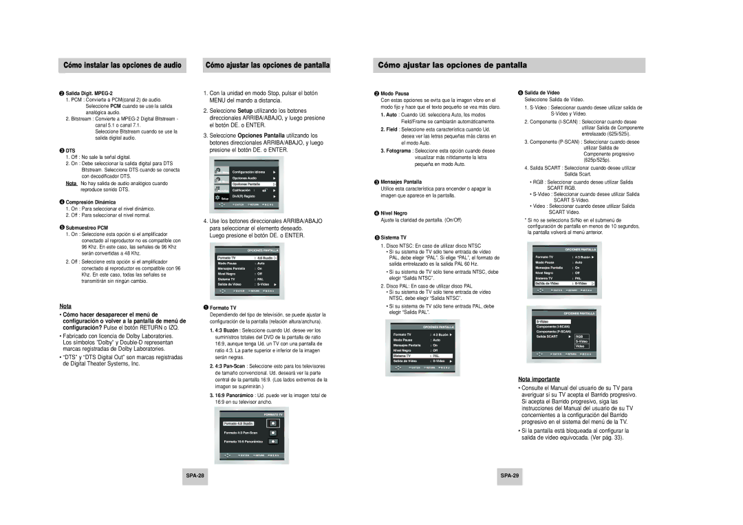 Samsung DVD-P249M/XEC manual Cómo ajustar las opciones de pantalla, SPA-28 SPA-29, Dts 