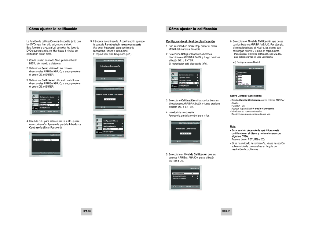 Samsung DVD-P249M/XEC manual Cómo ajustar la calificación, Configurando el nivel de clasificación, Sobre Cambiar Contraseña 