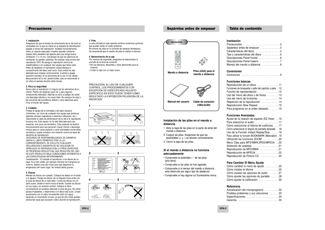 Samsung DVD-P249M/XEC manual Precauciones Sepárelos antes de empezar Tabla de contenido 