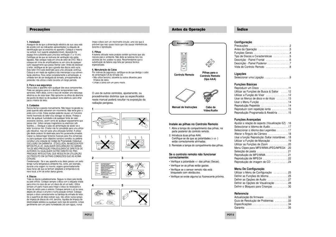 Samsung DVD-P249M/XEC manual Precauções Antes da Operação Índice 