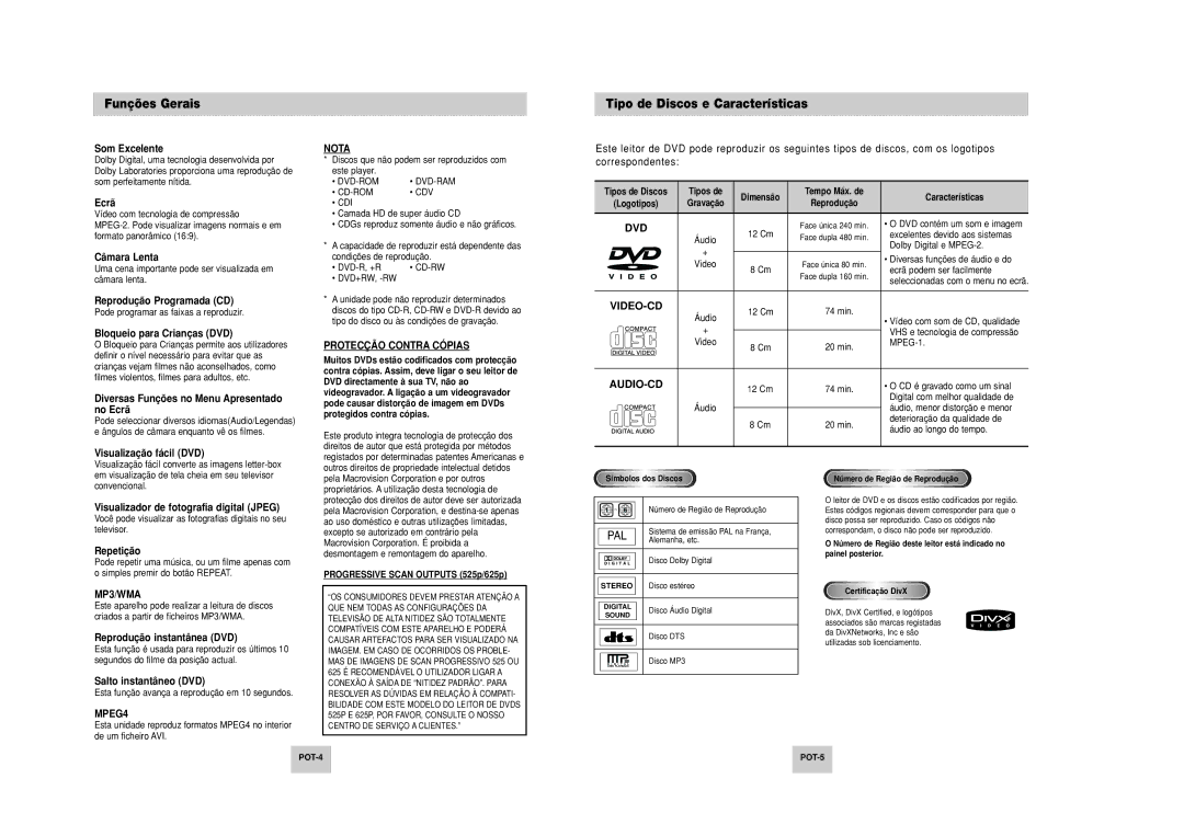 Samsung DVD-P249M/XEC manual Funções Gerais, Tipo de Discos e Características 