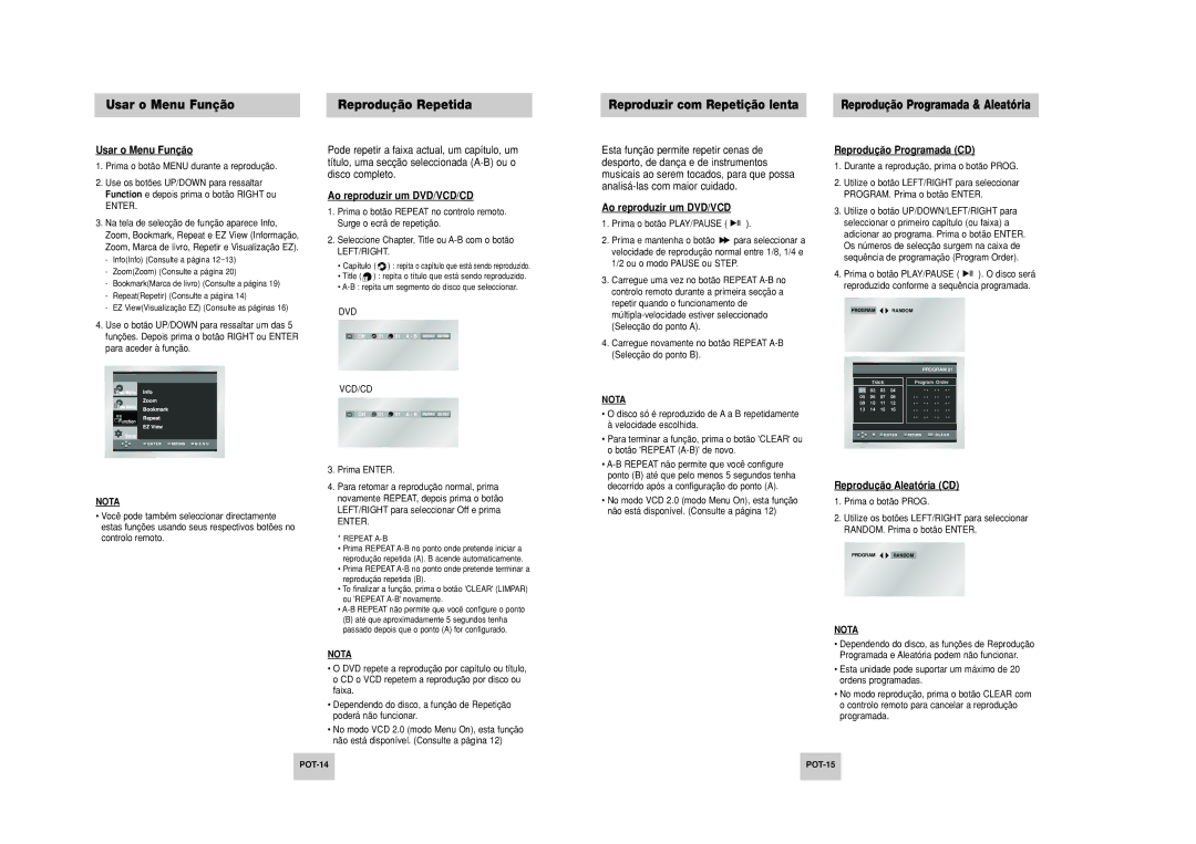 Samsung DVD-P249M/XEC manual Ao reproduzir um DVD/VCD, Reprodução Aleatória CD, POT-14 POT-15 