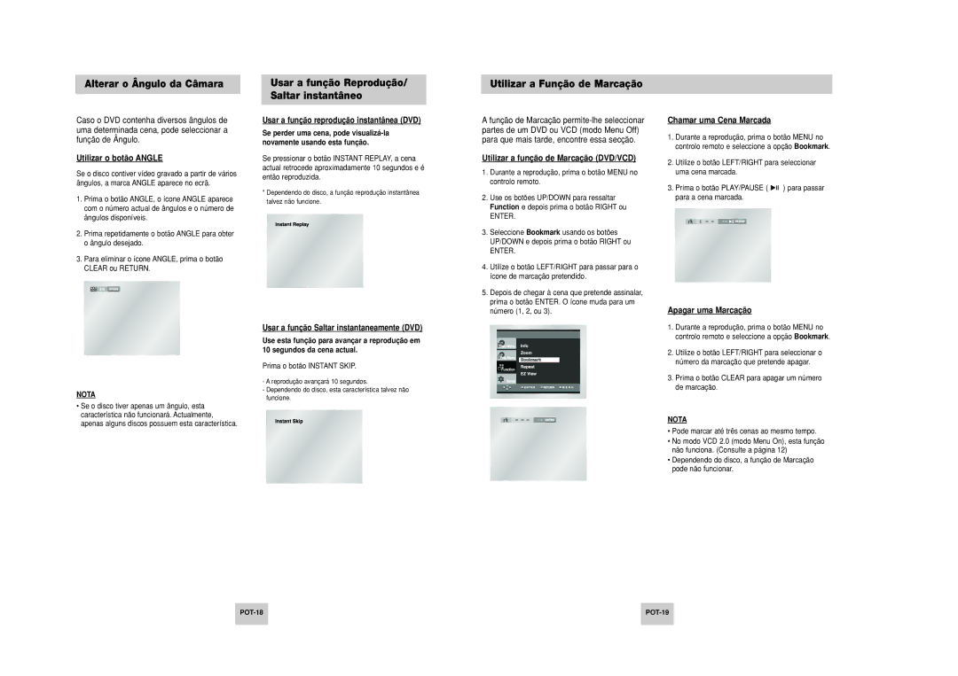 Samsung DVD-P249M/XEC manual Alterar o Ângulo da Câmara, Usar a função Reprodução/ Saltar instantâneo 