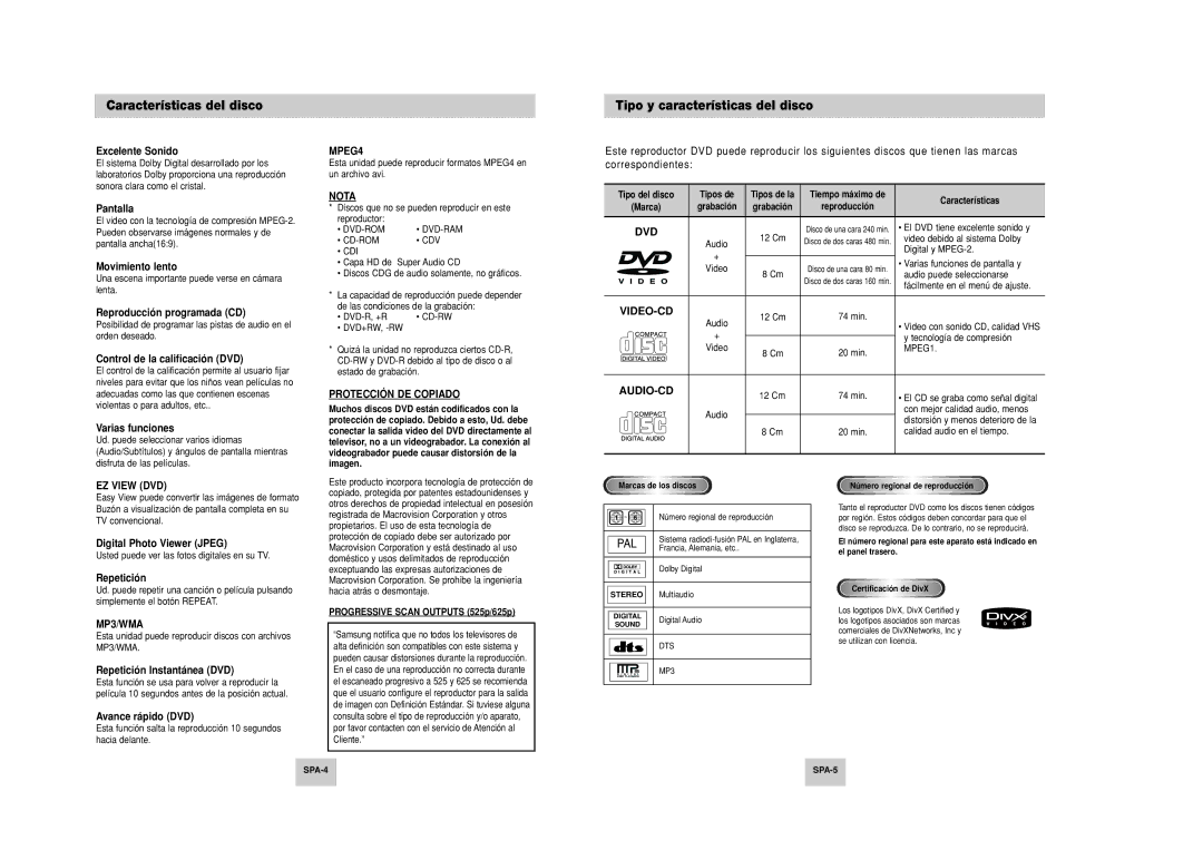 Samsung DVD-P249M/XEC manual Características del disco, Tipo y características del disco 